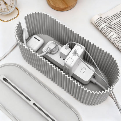 Professional Cable Tidy Box with 5 Cable Ties, Large Oval Cable Organiser Box (33 X 13 X 11 Cm), Dual Side Outlets Cable Management Box for Hiding Power Strips & Wires, Milk Blue PP