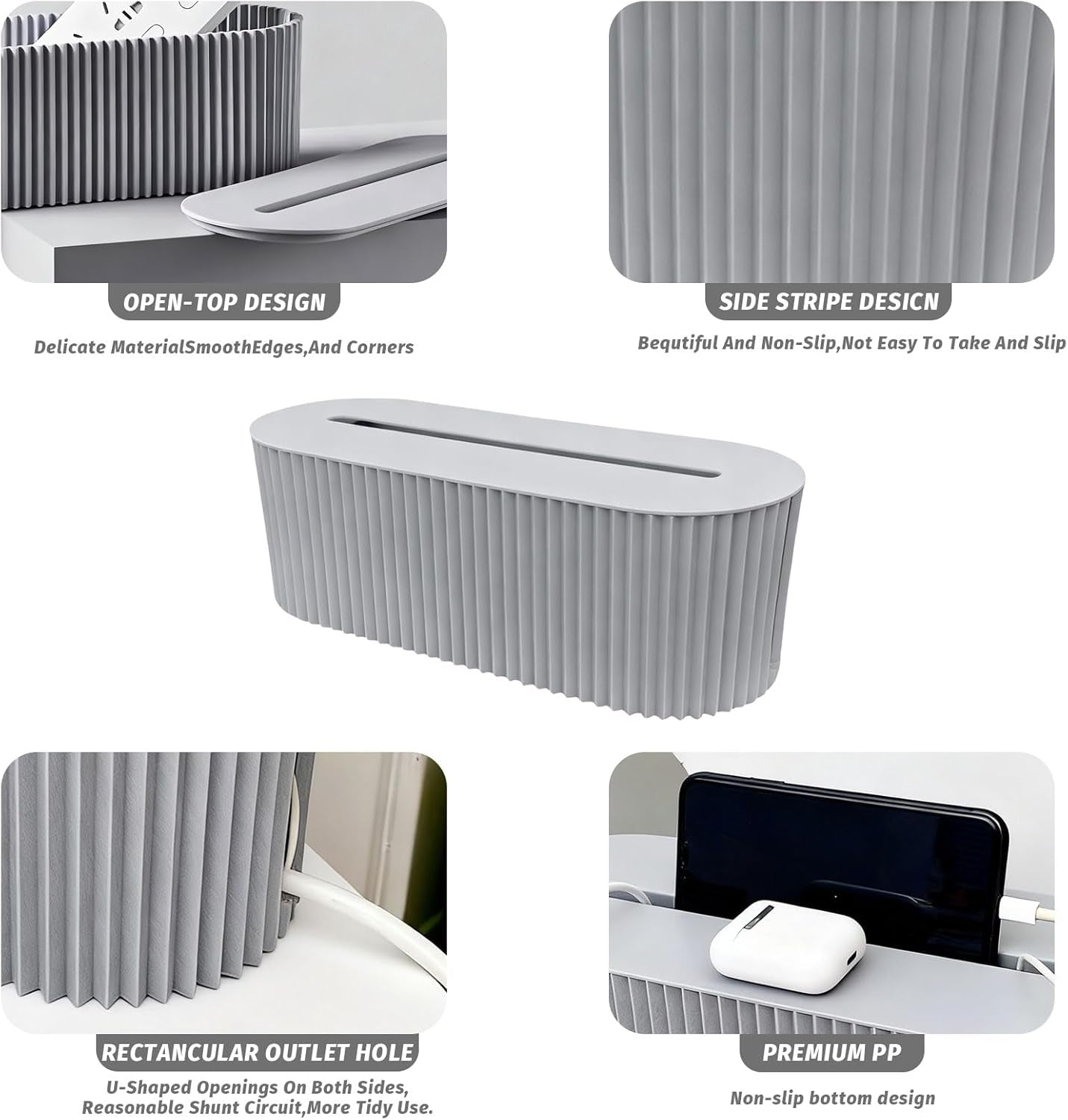 Professional Cable Tidy Box with 5 Cable Ties, Large Oval Cable Organiser Box (33 X 13 X 11 Cm), Dual Side Outlets Cable Management Box for Hiding Power Strips & Wires, Milk Blue PP
