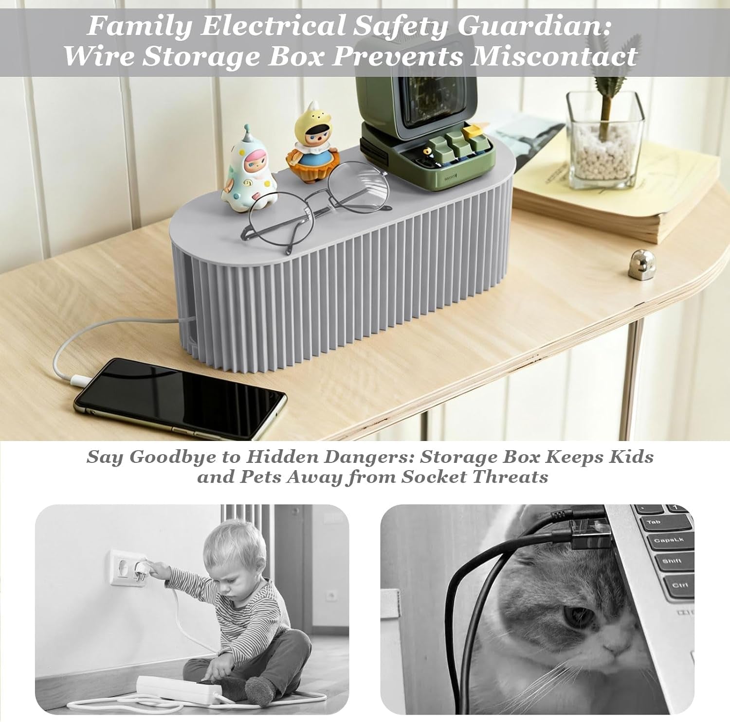 Professional Cable Tidy Box with 5 Cable Ties, Large Oval Cable Organiser Box (33 X 13 X 11 Cm), Dual Side Outlets Cable Management Box for Hiding Power Strips & Wires, Milk Blue PP